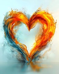 Poster - An artistic representation of a heart formed by swirling flames in vibrant orange and blue colors, symbolizing passion and tranquility intertwined in a visually stunning display.