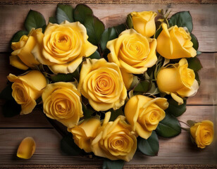 Wall Mural - Vibrant yellow roses with green leaves are arranged in a heart shape on a rustic wooden surface.