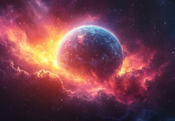 Wall Mural - the sun glows in the depths of space, with a planet obscured by star clusters and nebulae, a fragmen