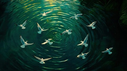 Wall Mural -   A flock of birds soaring above a lake with the sun overhead in the photograph