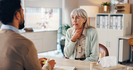 Poster - Mature woman, doctor and sore throat in clinic for medical services or professional opinion. People, symptoms and patient in consultation for appointment, checkup and healthcare with illness or virus