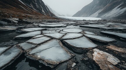 Wall Mural - Glacial ice melts into fractured, polygonal patterns near mountains.