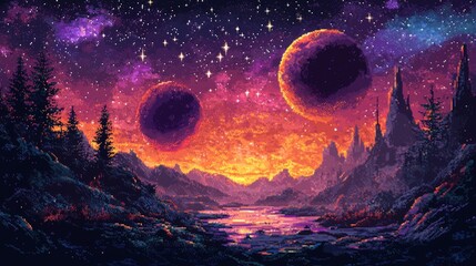 Wall Mural - a background featuring pixel art planets and a nebula, representing the concept of space exploration