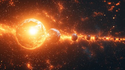 Wall Mural - a close-up of several planets lined up in space, with a backdrop of stars.