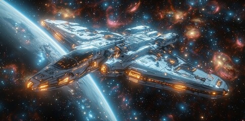 Wall Mural - a beautiful image of space with a tiny white spaceship shuttle, set against a small blue and purple 