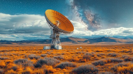 Wall Mural - A radio telescope under a starry night sky, featuring the Milky Way galaxy, a large satellite dish, an astronomy observatory, with space for text, set against a dark landscape, showcasing scientific
