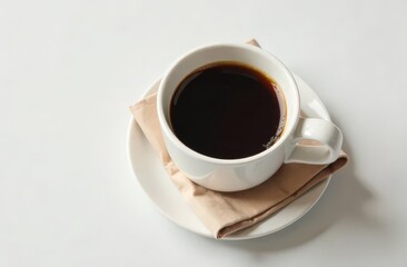 Hot espresso in white cup with beige napkin on the white, light background, morning routine, poster, top view, close up 