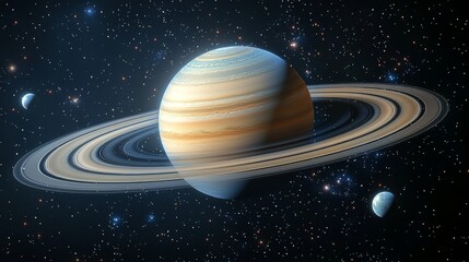 Wall Mural - saturn, a planet in deep space, is encircled by rings and moons, set against a black background.