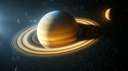 Wall Mural - in the depths of space, saturn stands out with its rings and moons, isolated on a black backdrop.