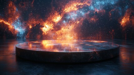 Wall Mural - a cutting-edge podium stands against a cosmic backdrop, representing human achievement, exploration,
