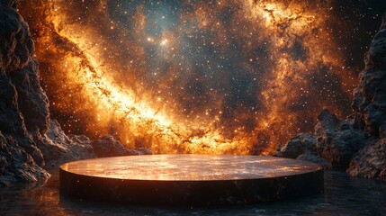 Wall Mural - positioned against a galaxy-themed space scene, a futuristic podium symbolizes human accomplishment,