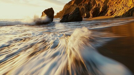 Wall Mural -   Large rock in ocean near beach with waves Another rock rising from water