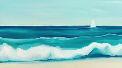 Wall Mural -   Sailboat painting in ocean with wave in foreground and boat in background