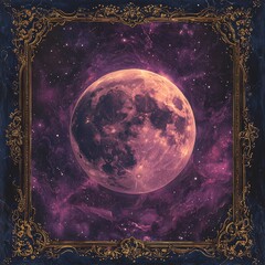 Wall Mural - a vast purple moon is encircled by stars and planets.