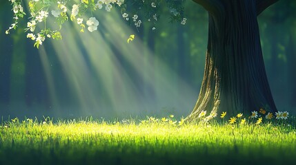 Wall Mural -   Grassy area with tree in center, sunlight filtering through foliage, foreground flowers