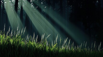 Wall Mural -   A lush forest brims with towering blades of grass and radiant beams emanating from tree tops