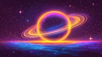 Wall Mural - wallpaper depicting a radiant cartoon planet with vivid accents in the vastness of space.