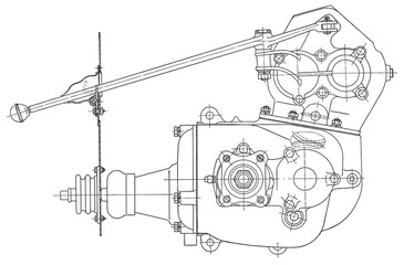 Wall Mural - Transmission, gearbox of truck.
Engineering automotive mechanical drawing of steel 
device. Industrial cad scheme on white paper sheet. 
Technology design of machine building industry. 