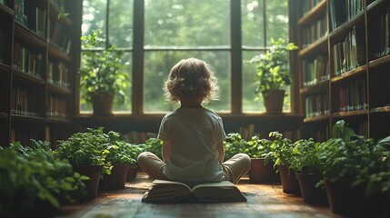 Poster - Child Surrounded by Books with Plants Growing from Them Symbolizing Educational Growth