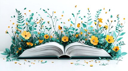 Poster - Opened Book with Blooming Flowers and Vines Symbolizing Growth Through Learning and Education