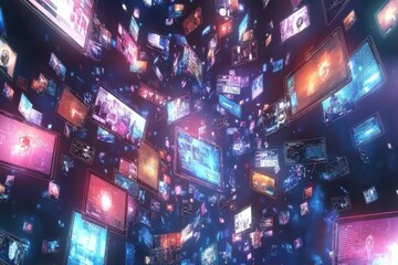 Poster - Digital media swarm; colorful screens, data, information overload.