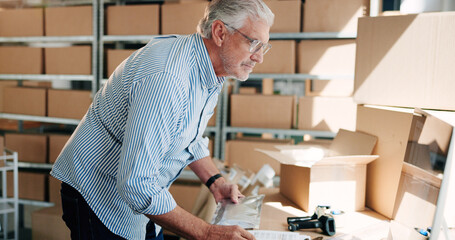 Aufkleber - Box, computer and supply chain with business man in office for delivery or distribution tracking. Logistics, planning and typing with mature employee in workplace for cargo or shipping management