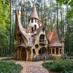 Wall Mural - A whimsical house nestled in the woods. AI.