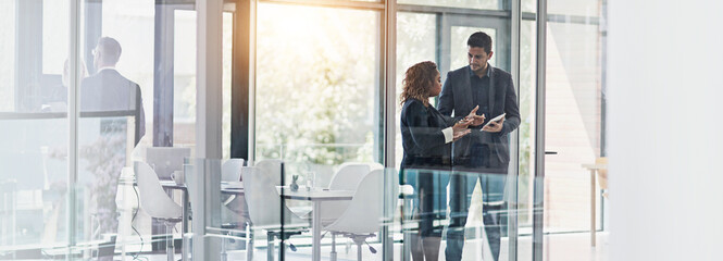 Poster - Business people, discussion and meeting with tablet for planning, project or proposal in boardroom. Banner, group or colleagues in conversation with technology for corporate network or online report