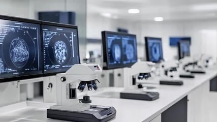 Poster - Monitors in laboratory showing data analysis process. Medical research and science concept. Medicine and healthcare of the future. Monitoring system