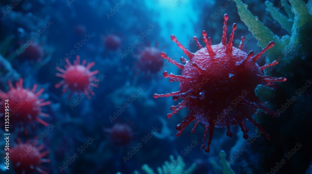 Detailed 3D rendering of a red virus particle in an underwater-like ...