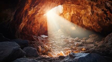 Poster - Sunlight illuminates cave's rocky, debris-filled floor.