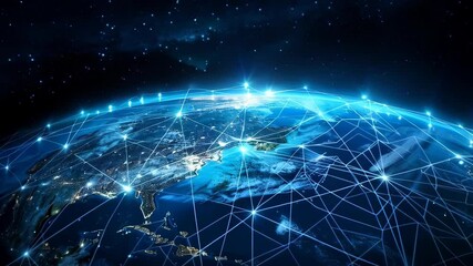Poster - Earth globe with global internet network connections. Communication technology. Network and data transfer. Telecommunication technology. Business, world economy and finances
