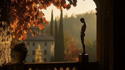 Wall Mural - silhouette of a statue in autumnal setting.