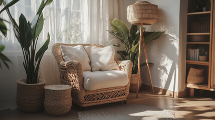 Wall Mural - Cozy wicker chair with tropical plants and woven decor in a sunlit room
