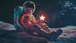 © Anastasiia - A mesmerizing scene of an astronaut sitting on a lunar surface, holding a glowing star, with a captivating starry backdrop in a cosmic environment.. AI Generation