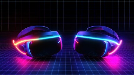 Poster - Virtual reality headsets glowing in neon colors on a dark grid background with futuristic design elements. Generative AI
