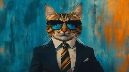 Wall Mural - A cat wearing sunglasses and a suit, created using generative AI.