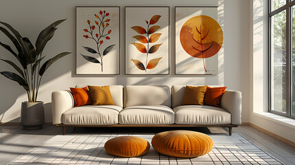 Wall Mural - Autumnal Living Room Decor: A stylish living room features a beige sofa adorned with burnt orange and beige cushions.