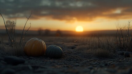 Canvas Print - Two pumpkins on frosty ground, sunset.