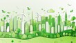 © Morto - A conceptual illustration of a green city skyline with integrated wind farms and green rooftops, symbolizing urban sustainability and renewable energy integration, minimalist style