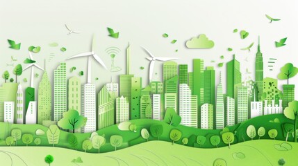 Wall Mural - A conceptual illustration of a green city skyline with integrated wind farms and green rooftops, symbolizing urban sustainability and renewable energy integration, minimalist style