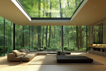 Wall Mural - image of interior design of spacious living room with massive skylight from ceiling while decorated with modern furniture and glass walls displaying forest scenes 