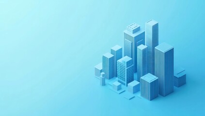 Poster - Isometric city skyline, blue buildings, urban landscape.