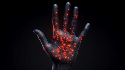 Wall Mural - Glowing red particles on a dark hand.