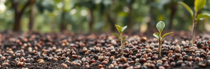 coffee bean seedlings sprouting in a lush, green natural background showcasing the concept of growth
