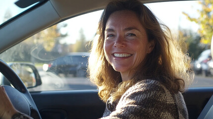 Poster - A woman is smiling and driving a car