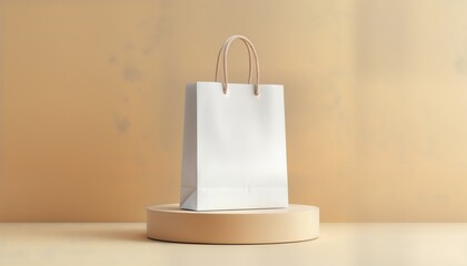 Aufkleber - Blank white shopping bag sits on beige platform. Minimalist style presentation. Empty bag ready for branding design. Suitable for retail e-commerce marketing material. Modern product mockup. Simple,