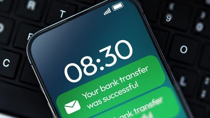 Poster - Successful bank transfer and online banking concept footage with a notification appearing on screen, 4k animation. Banking through mobile concept.