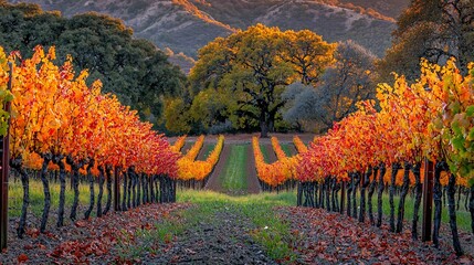 Canvas Print - Autumn vineyard at sunset, vibrant fall colors, rows of grapevines, hills.