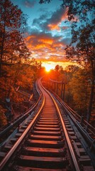 Poster - A train track with a sunset in the background